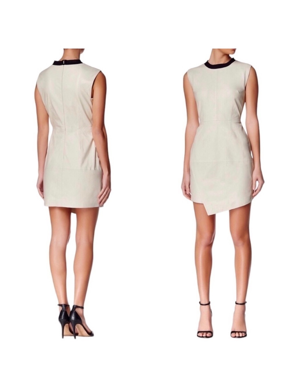 Trina Turk Dalias White Lamb Leather Sleeveless Mini Dress with Black Collar 8